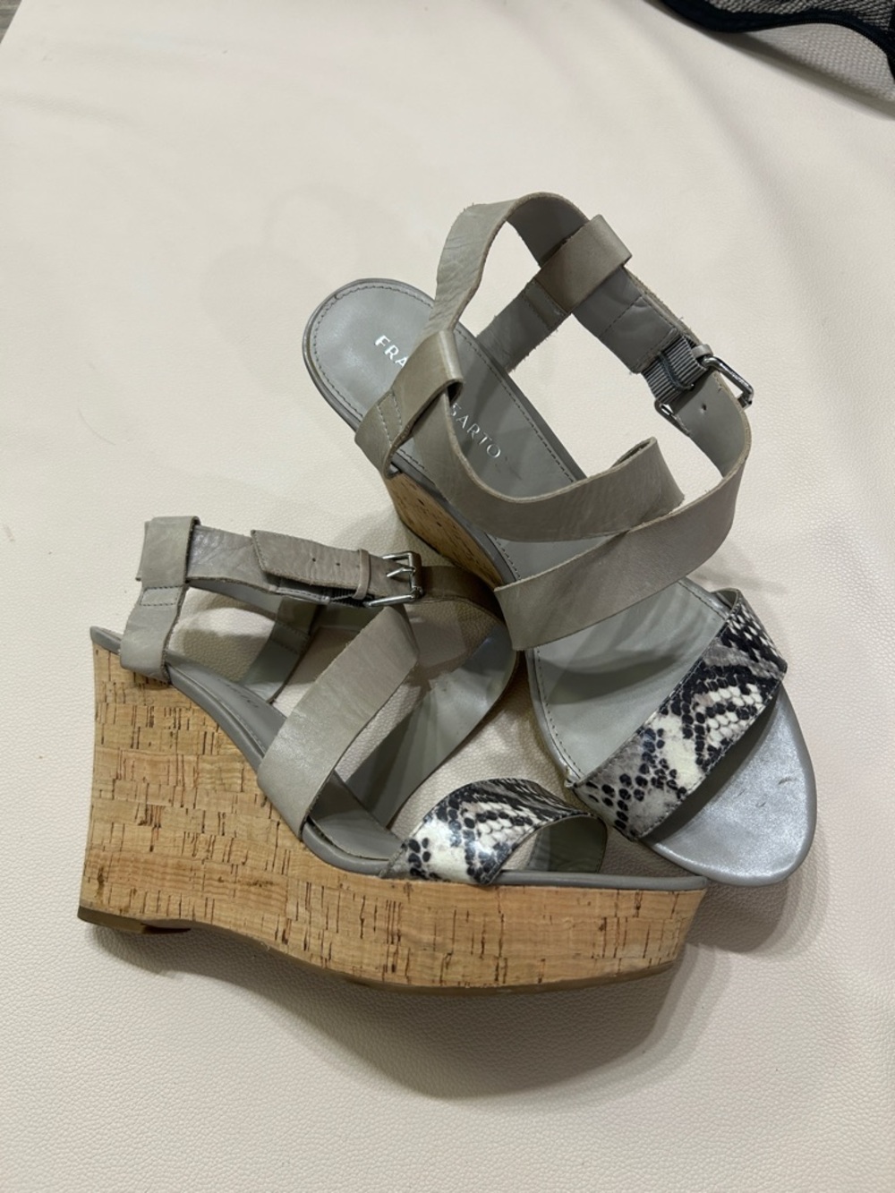 Franco Sarto Shania Taupe and Snake-Print Cork Wedge Sandals size 10